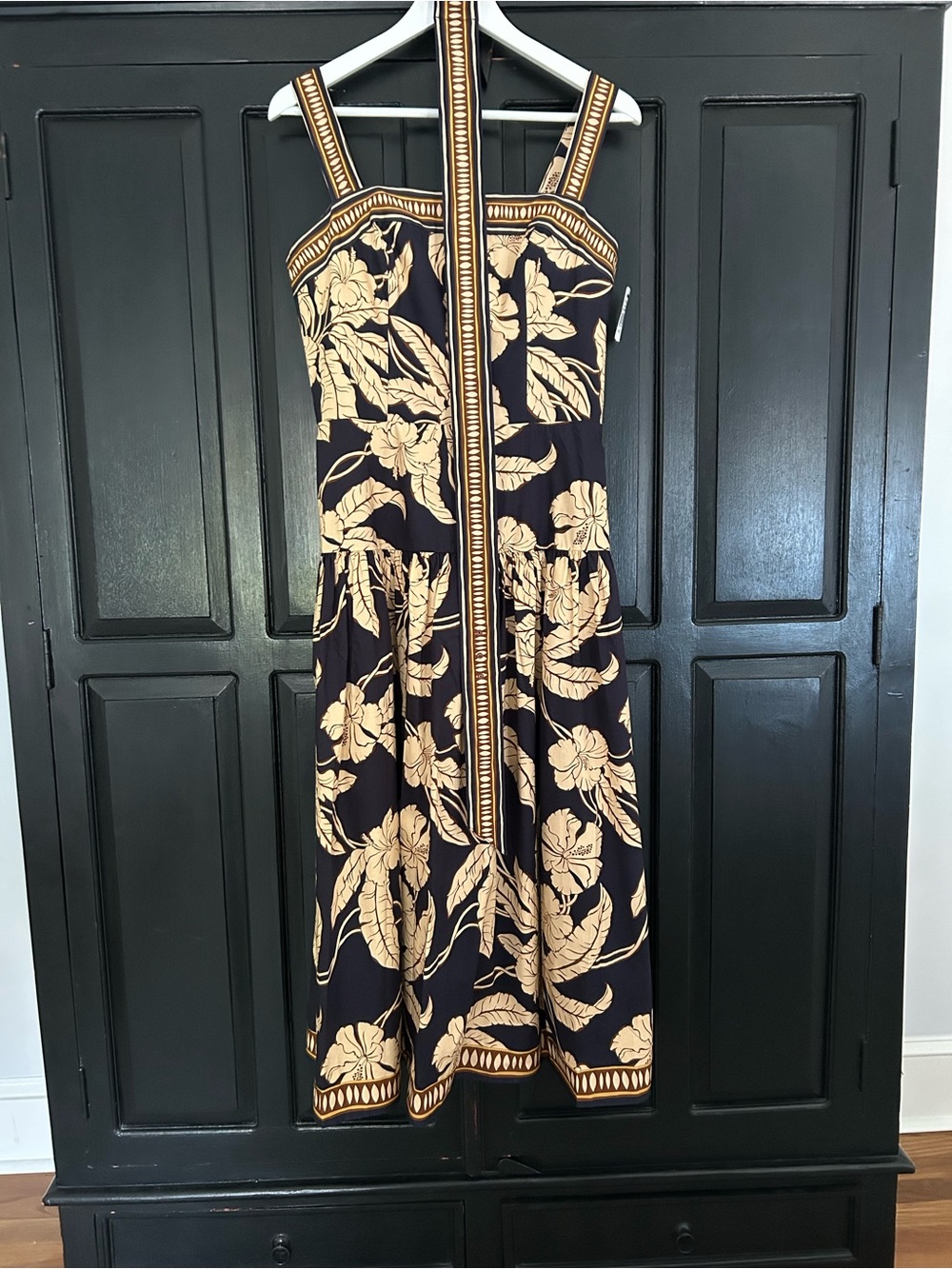 Shoshanna Navy Tan Cotton Midi Sundress